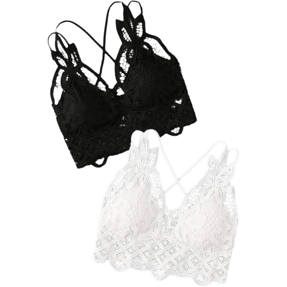Women's Lace V Neck Criss Cross Back Bralette Crop Top Large Black White